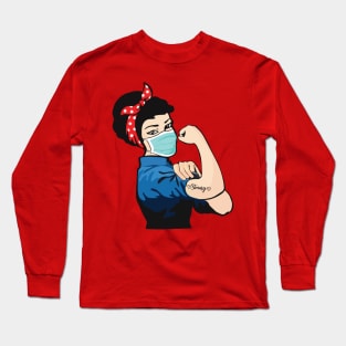 Pin Up Girl Black Hair Wearing Mask with Strong Tattoo Long Sleeve T-Shirt